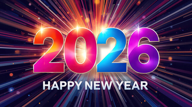 Happy New Year 2026 celebration concept design with a 3d neon light text sign for a holiday party event