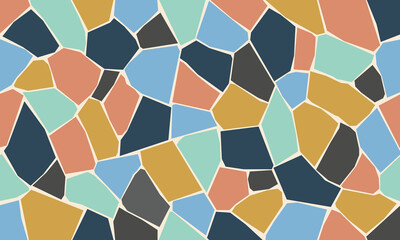 Seamless abstract mosaic or terrazzo pattern featuring irregular, shattered, or cracked tile-like shapes in a balanced, muted color palette