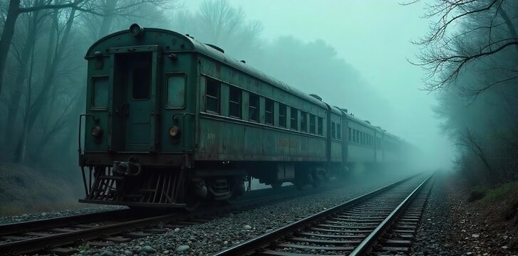 Mysterious Ghost Train Car in Mist Eerie Decaying Railway Carriage on Rusty Tracks, Perfect for Halloween or Spooky Projects, Haunting Atmosphere, Decaying, Abandoned.