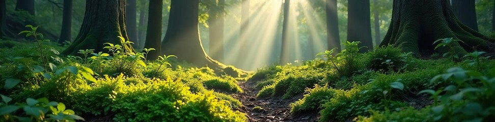 Sunlit Moss and Ferns in Ancient Woodland Discover the Tranquility and Mystery of a Lush, Dense Forest Floor