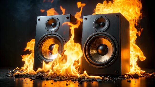 Two stereo speakers engulfed in bright orange flames with dark background reflecting light for a dramatic and powerful audio concept