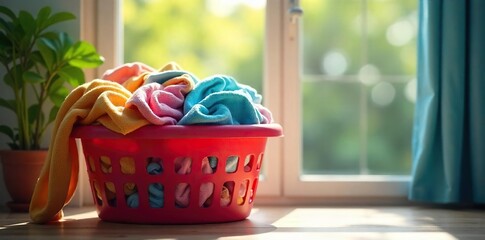 Sunlit Laundry Basket Overflowing with Colorful Clothes Ready for Washing