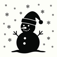 Cheerful Snowman Silhouette in Santa Hat Amid Falling Snowflakes, Holiday Joy in Black and White