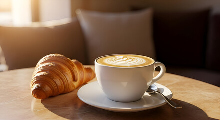 A delicious croissant and coffee with latte art on a wooden table, cozy environment