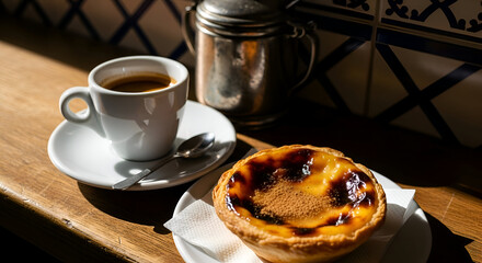 A delicious espresso coffee and a traditional portuguese pastel de nata ready to eat