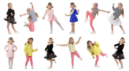 Happy children dancing on white background, collage