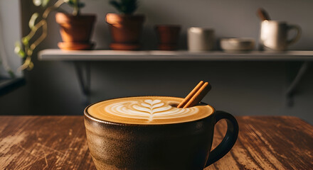A delicious latte art coffee with cinnamon stick on a rustic wooden table