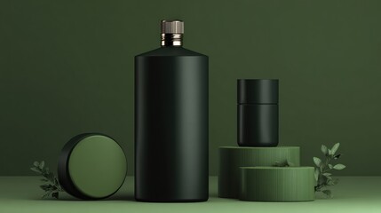 Sleek green cosmetic bottles modern studio product photography minimalist setting close-up nature-inspired design
