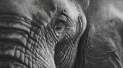 Close-up monochrome portrait of an elephant's face, focusing on textures and its eye