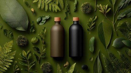 Eco-friendly bottles surrounded by greenery nature scene product photography serene environment top view sustainability concept