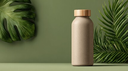 Sustainable bottle display natural environment product photography minimalist aesthetic close-up view eco-friendly concept