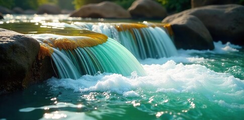 Serene Waterfall Cascade Vibrant Green Water Flowing Over Smooth Rocks in Sunlight
