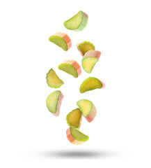 Fresh rhubarb pieces falling on white background