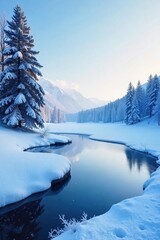Tranquil Winter Landscape Frozen Lake, Snow-Covered Trees, and a Vast Blue Sky
