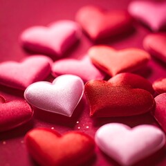 Fototapeta premium Close-up shot of various red and pink heart-shaped objects scattered on a monochromatic surface