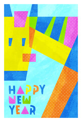 年賀状（馬） ポップでかわいい幾何学的な馬のカード 水彩ペイント風