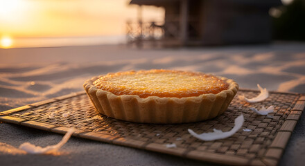A delicious quiche on a woven mat with beach background during golden hour sunset time