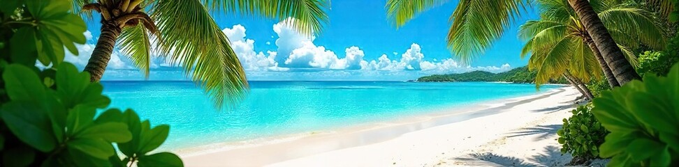 Pristine White Sand Beach, Turquoise Water, Lush Green Foliage Relaxing Tropical Getaway