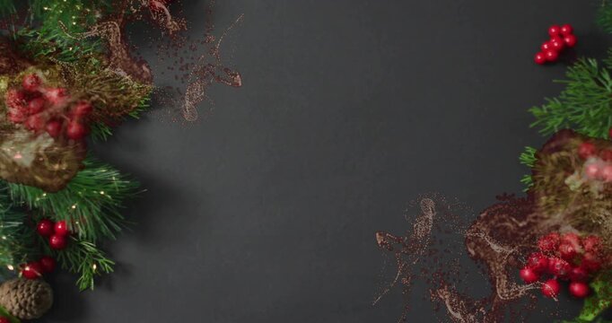 Start showing fir sprigs framing slate, golden particles drifting accenting berries dissipating