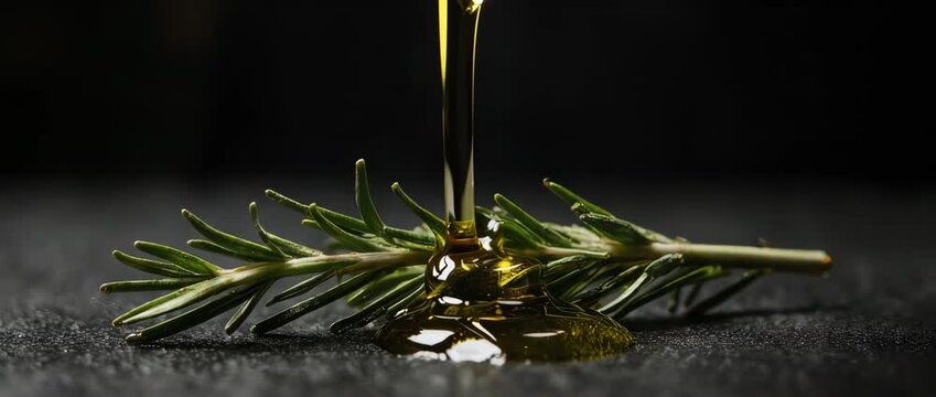 Cinematic slow motion shot of golden olive oil drizzling over a fresh rosemary sprig on a dark background. Concept of gourmet cooking and Mediterranean cuisine.
