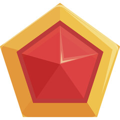 Golden Pentagon Badge With Red Gemstone Center Award Icon In Cartoon Style With Transparent Background And Sharp Edges