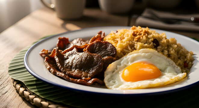A delicious serving of silog featuring fried rice, meat, and a sunny-side-up egg on a plate