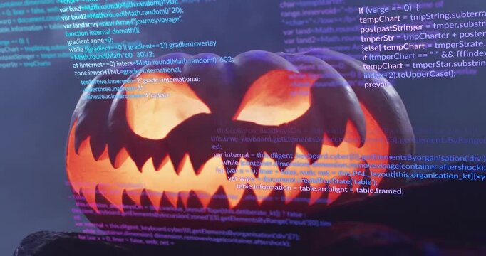 At two seconds code fading behind carved jack-o-lantern scrolling and pulsing making digital layer