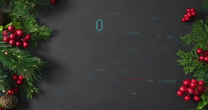 Glitching code flickering, morphing over slate at start, pine sprigs twinkling showing data stream