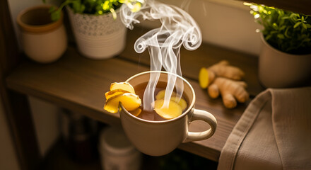 A steaming cup of ginger tea with fresh ingredients on a wooden shelf, warm light