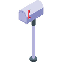 Pale Blue Traditional Mailbox With Red Flag Raised On A Tall Pole And Circular Base Isolated On White Background