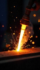 Intense Welding Torch Ignition Sparks Fly Against Dark Background, High Heat and Bright Orange Flame. Perfect for Industrial, Manufacturing, and Construction Stock Photography.