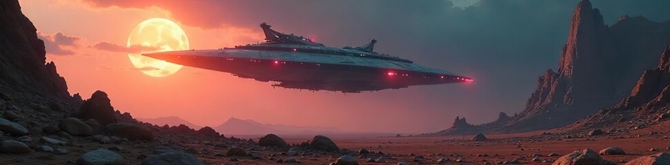 Eerie Alien Ship Hovers Over Desolate Landscape, Casting an Eerie Glow on Ancient Ruins of a Forgotten Civilization, Evoking Cosmic Horror and Mystery.