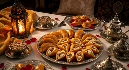 A Delightful Ramdan Spread Featuring Traditional Sweets, Pistachios, and Ornate Tableware
