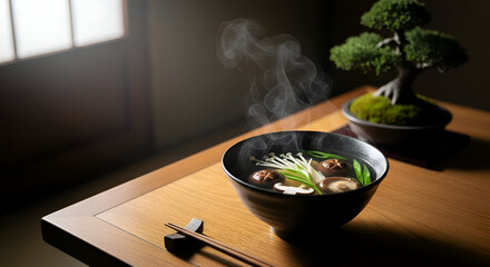 Aesthetic steaming bowl of Japanese miso soup, bonsai adds zen and peace, fine dining