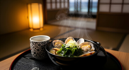 Aesthetic steaming clam soup served with tea in a Japanese restaurant setting