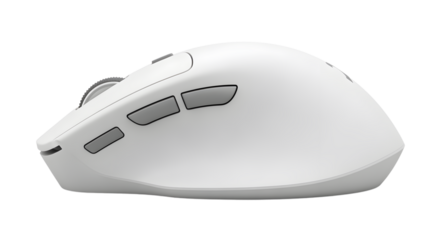 A close up shot of a white computer mouse with gray buttons and a scroll wheel side view
