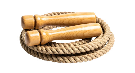 A coiled jump rope with wooden handles on a white background in a studio shot