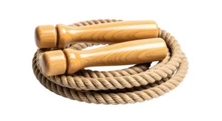 A coiled jump rope with wooden handles on a white background in a studio shot