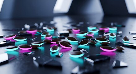 Obraz premium Abstract Composition With Luminous Seed-Shaped Elements And Broken Glass Pieces