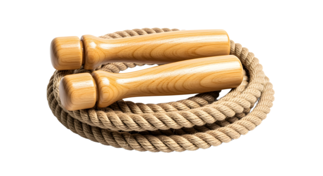 A coiled jump rope with wooden handles on a white background in a studio shot