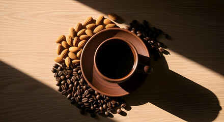 Aromatic Coffee Cup with Almonds and Coffee Beans in Natural Light Setting