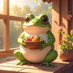Frog's Delightful Harvest: A cheerful frog embraces the bounty of nature, tenderly cradling a bowl brimming with fresh, colorful produce. The scene is set with warm, inviting lighting.