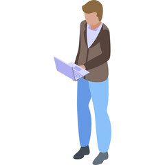 Pixel Art Man In Brown Blazer And Blue Pants Holding Open Laptop Computer In Isometric View