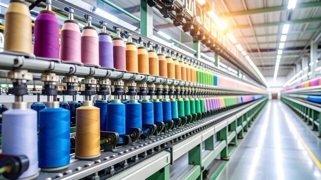 Long row of colorful yarn spools on automated spinning machine at industrial textile factory, bright vibrant hues, precision manufacturing
