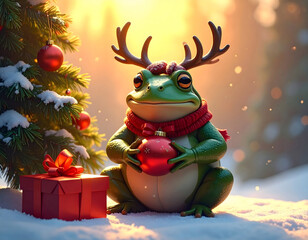 Festive Frog: A whimsical frog embodies the Christmas spirit, adorned with festive attire amidst a snowy forest setting, holding a gift, and a decorated tree.