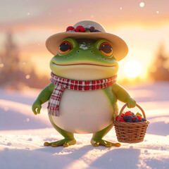 Frog in a Hat: A charming frog, donning a stylish hat and scarf, carries a basket of berries against a snowy backdrop, capturing a moment of whimsy.