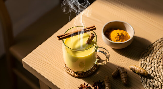 Aromatic turmeric latte with cinnamon, a warm and comforting beverage on a wooden table