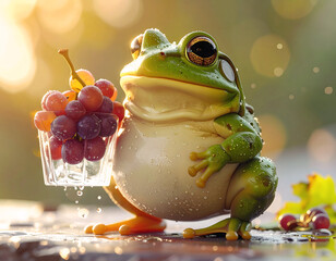 Frog with Grapes: A charming frog leisurely holds a glass of fresh grapes, exuding a sense of contentment in a whimsical and vibrant setting. 