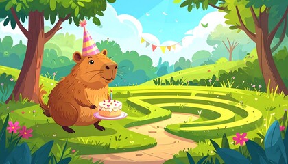 An animated capybara wearing a party hat celebrates a birthday in a sunny park with a cake and maze
