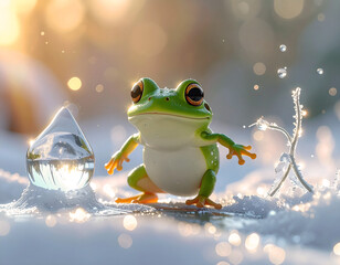 Frog and droplet on Snow: A charming cartoon frog and delicate droplets of water glistening in a snowy landscape, bathed in soft, diffused light, evoking a sense of calm and gentle beauty.